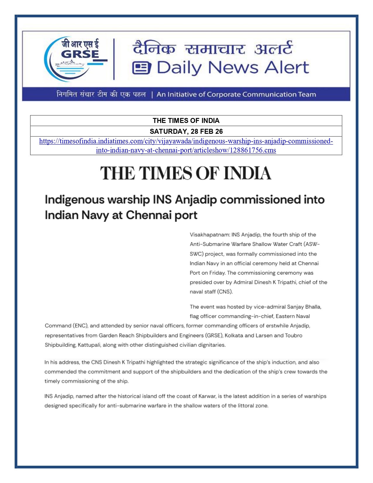  Press Coverage: 02 MAR 26: TIMES OF INDIA 